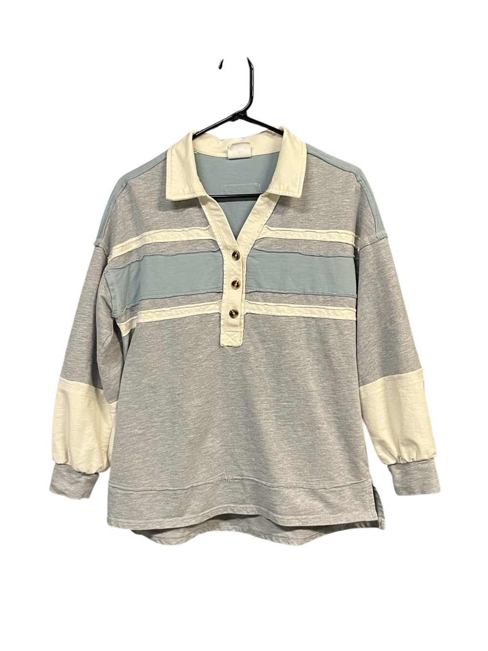 New In Colorblock Rugby Shirt Gray Blue Cream Preppy Coastal Cottagecore S